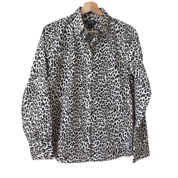 Lands' End Women's Leopard Print Button Up Long Sleeve Top Size 8 Medium No Iron - Picture 1 of 6